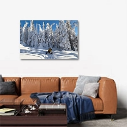 «Снегоход у заснеженного леса» в интерьере современной гостиной над диваном
