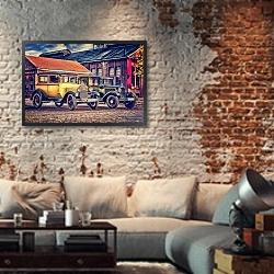 «Старинные автомобили на брусчатке» в интерьере гостиной в стиле лофт с кирпичной стеной