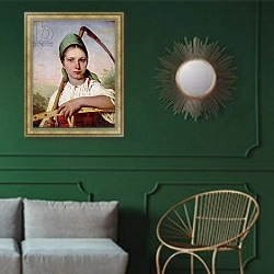 «Peasant Woman with a Scythe and Rake, c.1825» в интерьере классической гостиной с зеленой стеной над диваном