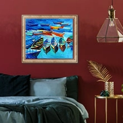«Разноцветные лодки» в интерьере спальни с акцентной стеной