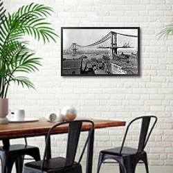 «История в черно-белых фото 309» в интерьере столовой в скандинавском стиле с кирпичной стеной
