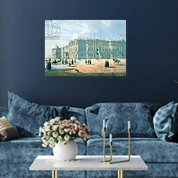«The Winter Palace as seen from Palace Passage, St. Petersburg, c.1840» в интерьере современной гостиной в синем цвете