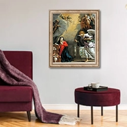«The Annunciation 6» в интерьере гостиной в бордовых тонах