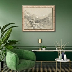 «A View of Cavi in the Sabine Hills» в интерьере гостиной в зеленых тонах