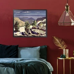 «Mountain Vista, at Lassen Volcanic National Park, 2000» в интерьере классической гостиной с зеленой стеной над диваном