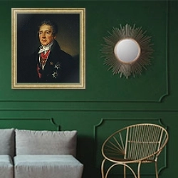 «Portrait of Ivan Dmitriev, 1835» в интерьере классической гостиной с зеленой стеной над диваном