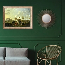 «The Old Port of Genoa» в интерьере классической гостиной с зеленой стеной над диваном