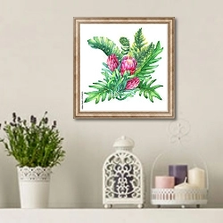 «Букета с розовыми цветами протея и тропическими растениями» в интерьере в стиле прованс с лавандой и свечами