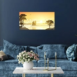 «Туманный речной пейзаж с восходом солнца» в интерьере современной гостиной в синем цвете