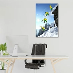 «Прыжок горнолыжника со скалы в горах» в интерьере офиса над рабочим местом