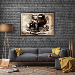 «Старый автомобиль на ретро-фоне 1» в интерьере в стиле лофт над диваном