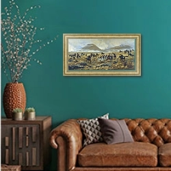 «Нижегородские драгуны, преследующие турок по дороге к Карсу во время Аладжинского сражения 3 октя» в интерьере гостиной с зеленой стеной над диваном