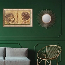 «Study of a child's head» в интерьере классической гостиной с зеленой стеной над диваном