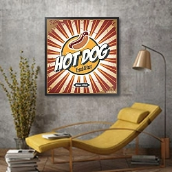 «Хот-дог, ретро плакат» в интерьере в стиле лофт с желтым креслом