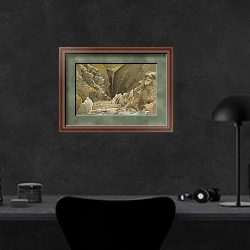 «Waterfall Cave, Plemont--Jersey» в интерьере кабинета в черных цветах над столом