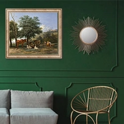 «Домашние животные, мальчик и погонщица» в интерьере классической гостиной с зеленой стеной над диваном