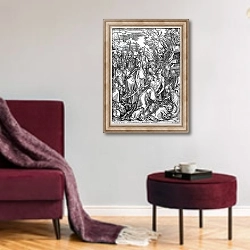 «The entombment of Christ, from 'The Great Passion' series, 1497-1500» в интерьере гостиной в бордовых тонах