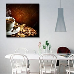 «Чашка кофе с корицей на мешковине» в интерьере светлой кухни над обеденным столом