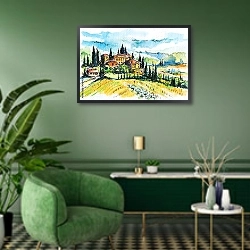 «Тосканский акварельный ландшафт» в интерьере гостиной в зеленых тонах