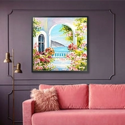 «Дом недалеко от моря» в интерьере гостиной с розовым диваном