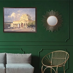 «Evening, Republic Square, Yerevan» в интерьере классической гостиной с зеленой стеной над диваном
