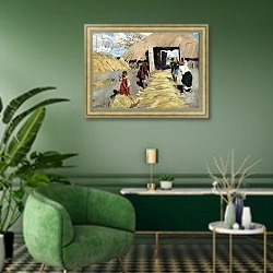 «Threshing Floor, 1916» в интерьере гостиной в зеленых тонах