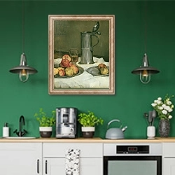 «Still life with apples and pewter jug, 1878» в интерьере кухни с зелеными стенами