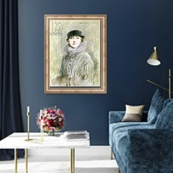 «Portrait of a Lady with a Fur Collar and Muff, 20th century» в интерьере в классическом стиле в синих тонах