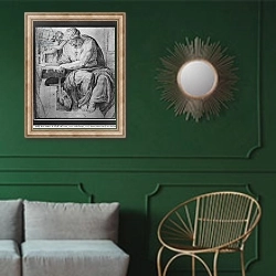 «The Cumaean Sibyl, after Michelangelo Buonarroti» в интерьере классической гостиной с зеленой стеной над диваном