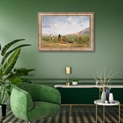 «Travellers resting at an Oasis» в интерьере гостиной в зеленых тонах
