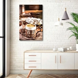 «Традиционный кофе по-турецки со сладостями» в интерьере комнаты в скандинавском стиле над тумбой
