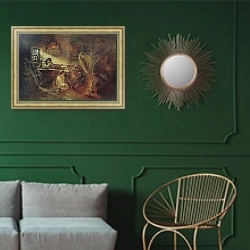 «Святочное гадание» в интерьере классической гостиной с зеленой стеной над диваном