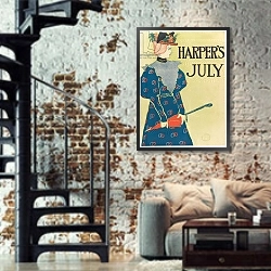 «Advertising Poster for Harper's New Monthly Magazine,  July 1896,  pub. 1896» в интерьере двухярусной гостиной в стиле лофт с кирпичной стеной