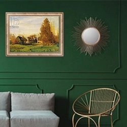 «Farmyard» в интерьере классической гостиной с зеленой стеной над диваном