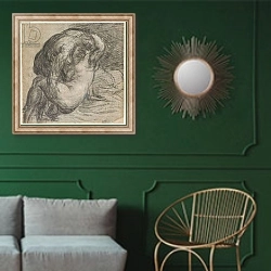 «No.2256 Couple in an embrace, or Jupiter and Io, c.1570» в интерьере классической гостиной с зеленой стеной над диваном