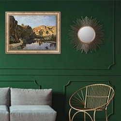 «Река и холмы» в интерьере классической гостиной с зеленой стеной над диваном