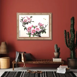 «Китайские розовые пионы 1» в интерьере прихожей в этническом стиле с красной стеной