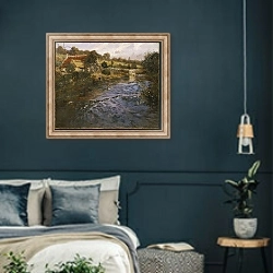 «River Landscape with a Washerwoman» в интерьере классической спальни с темными стенами