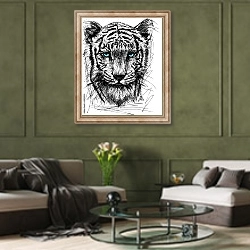 «Эскиз белого тигра» в интерьере гостиной в оливковых тонах