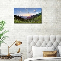 «Кавказ. Закат в горах  у Сочи» в интерьере современной спальни в белом цвете с золотыми деталями