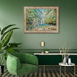 «Горный летний пейзаж с трехступенчатым водопадом Безымянный. Сочинский национальный парк» в интерьере гостиной в зеленых тонах
