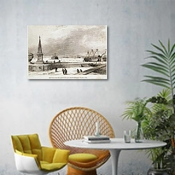 «Вид Кронштадтской военной гавани» в интерьере современной гостиной с желтым креслом