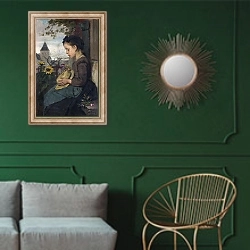 «Девочка, сидящая у дома» в интерьере классической гостиной с зеленой стеной над диваном