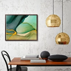 «Abstract green with gold ink art 1» в интерьере кухни в стиле минимализм над столом