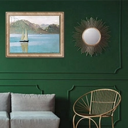 «Boat on Lake Geneva, 1892» в интерьере классической гостиной с зеленой стеной над диваном