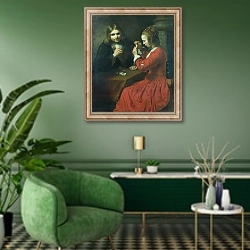 «Молодые юноша и девушка, играющие в карты» в интерьере гостиной в зеленых тонах
