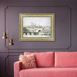 «Вид Смоленска» в интерьере гостиной с розовым диваном