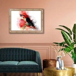 «Красная акварельная птичка» в интерьере классической гостиной над диваном