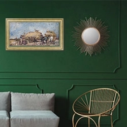 «Поле с сеном» в интерьере классической гостиной с зеленой стеной над диваном