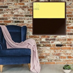 «Combination II,2016,» в интерьере в стиле лофт с кирпичной стеной и синим креслом